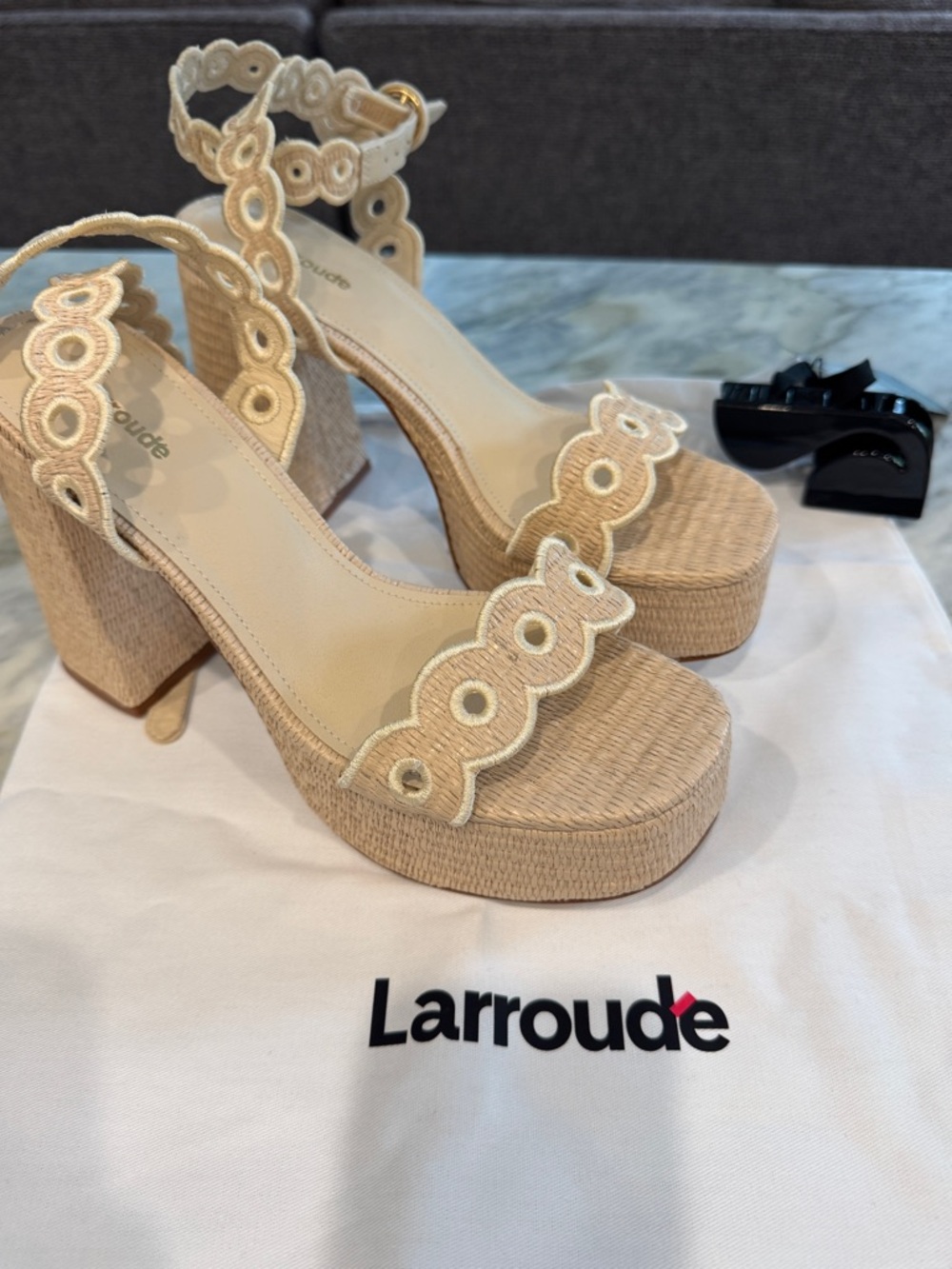 Larroude Natural Beige Scalloped Platform Block Heel Sandals